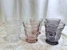 27-desiree Abbott Collection Set Of 6 Clear Pink And Purple Flower Glassware 4 Inch Cottage