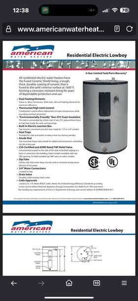 E62-30l-045d American Water Heater Company Used 28 Gal Electric 4500 Watts