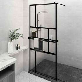 3185472 Vidaxl Walk-in Shower Wall With Shelf Black 39.4 Inch X76.8 Esg Glass&aluminum Vidax
