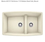 Blanco 441311 Kitchen Sink 33" X 19" Double Bowl Biscuit. Fixed Price $490.00.