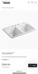 Kohler 5846-4-0 33" Brookfield Top-mount Double-bowl Kitchen Sink. Fixed Price $500.00.