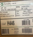 A.o. Smith H446 56 Frame 3/4 Hp, 208-230/460 Volts, Electric Motor, 3450 Rpm. Fixed Price $248.00.