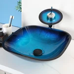 Sqaure 17" Bathroom Glass Sink Black Blue Basin Bowl With Waterfall Faucet Drain. Fixed Price $123.98.