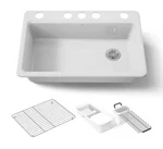 Kohler K-5871-5UA3-0 Riverby 33" Undermount Basin Cast Iron Kitchen Sink White. Fixed Price $856.00.