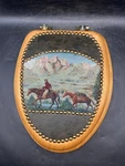 Vintage Mayfair Western Leather Cowboy Trail Tapestry Oak Toilet Seat Lid. Fixed Price $234.47.