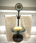 Rustic Countertop Forged Iron Hand Towel Holder Glass Soap Dish Sun Moon Emblem. Fixed Price $125.00.