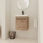 Compact 18'' Floating Bathroom Vanity Cabinet With Sink - Imitative Oak Finish. Fixed Price $388.99.
