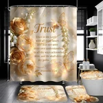 4 Piece Inspirational Quotes Shower Curtain Set With Rugs, Elegant Champagne .... Fixed Price $27.45.