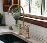 Antique Brass Kitchen Bridge Faucet - Unlacquered Solid Sink Fixture. Fixed Price $280.00.