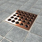 Square Shower Drain, Ebbe E4406 Polished Copper With Rough-in Adapter Kit. Fixed Price $109.00.