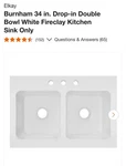 Elkay Burnham 34 In. Drop-in Double Bowl White Fireclay Kitchen Sink Only. Fixed Price $299.00.
