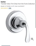 Kohler K-T10290-4-CP Forte Sculpted Diverter Transfer Valve Trim Polished Chrome. Fixed Price $79.99.