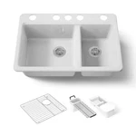 Kohler Riverby Undermount Cast Iron 33 5-HOLE Double Bowl Kitchen Sink White. Fixed Price $1147.30.