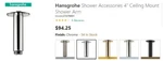 New Hansgrohe 27479 Chrome 4" Ceiling Mount Shower Arm. Fixed Price $59.99.