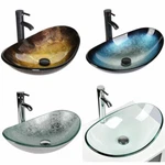 Bathroom Oval Tempered Glass Vessel Sink Bowl Faucet Pop Up Drain Basin Set Home. Fixed Price $93.49.