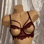Maroon Lace Sheer Nylon Open Nipple Underwire Fringe Trim Bralette. Fixed Price $16.00.