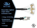 12 Gauge Extension Cords Heavy Duty Lighted 3-OUTLET Sjtw Indoor / Outdoor. Fixed Price $21.97.