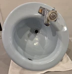 Vintage Kohler K-2916 19 10 Round Self-rimming Bathroom Sink, Blue W/moen Faucet. Fixed Price $300.00.