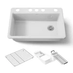 Riverby Workstation Undermount Cast Iron 33" 5-HOLE Kitchen Sink White, Accs. Fixed Price $961.73.